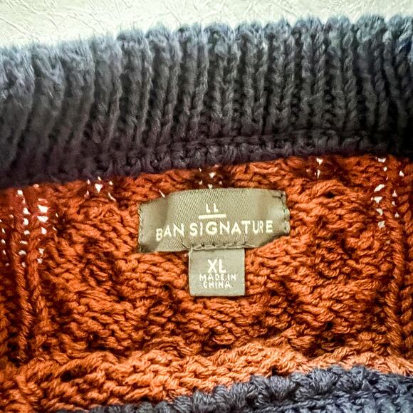 LL Bean Sigature Collection Orange and Navy Men's Chunky Fisherman Sweater XL - Picture 3 of 8